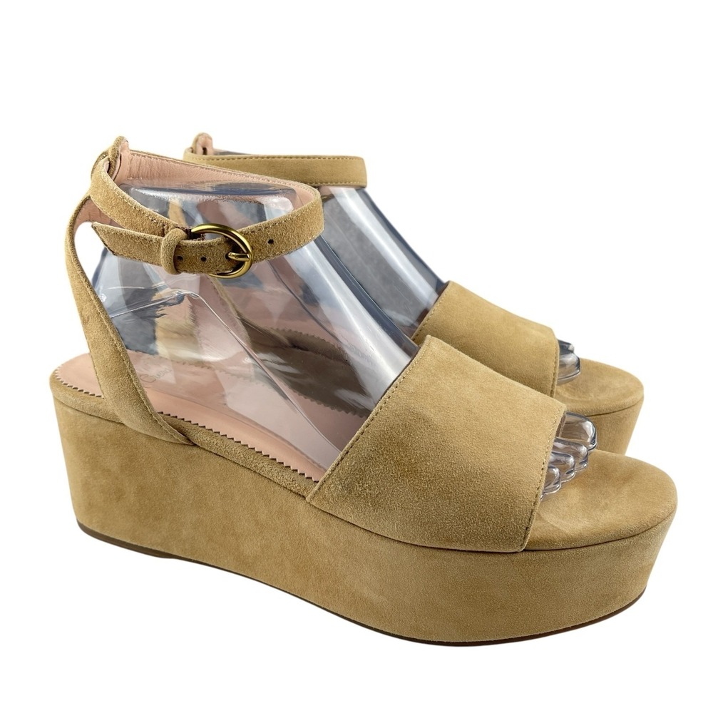 J.Crew Women's Platform Sandals 8.5 Suede Leather Tan Ankle Strap Open Toe AK038